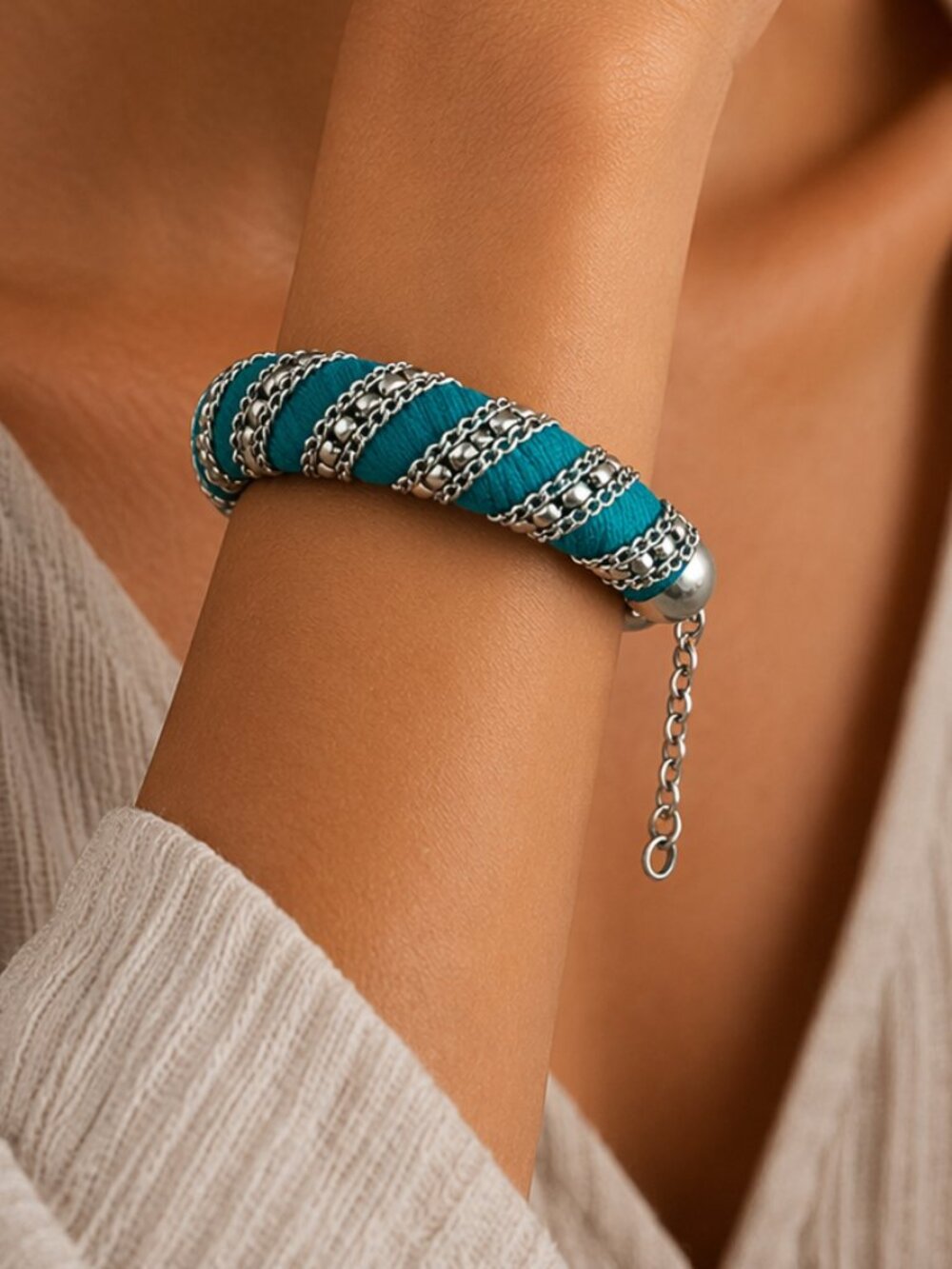 Boho Turquoise Rope Bracelet Silver Chain Accents Adjustable